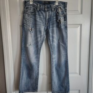 Silver Jean Company Men's 34x30 Nash Strait Distressed Heavy Stitch Blue Jeans